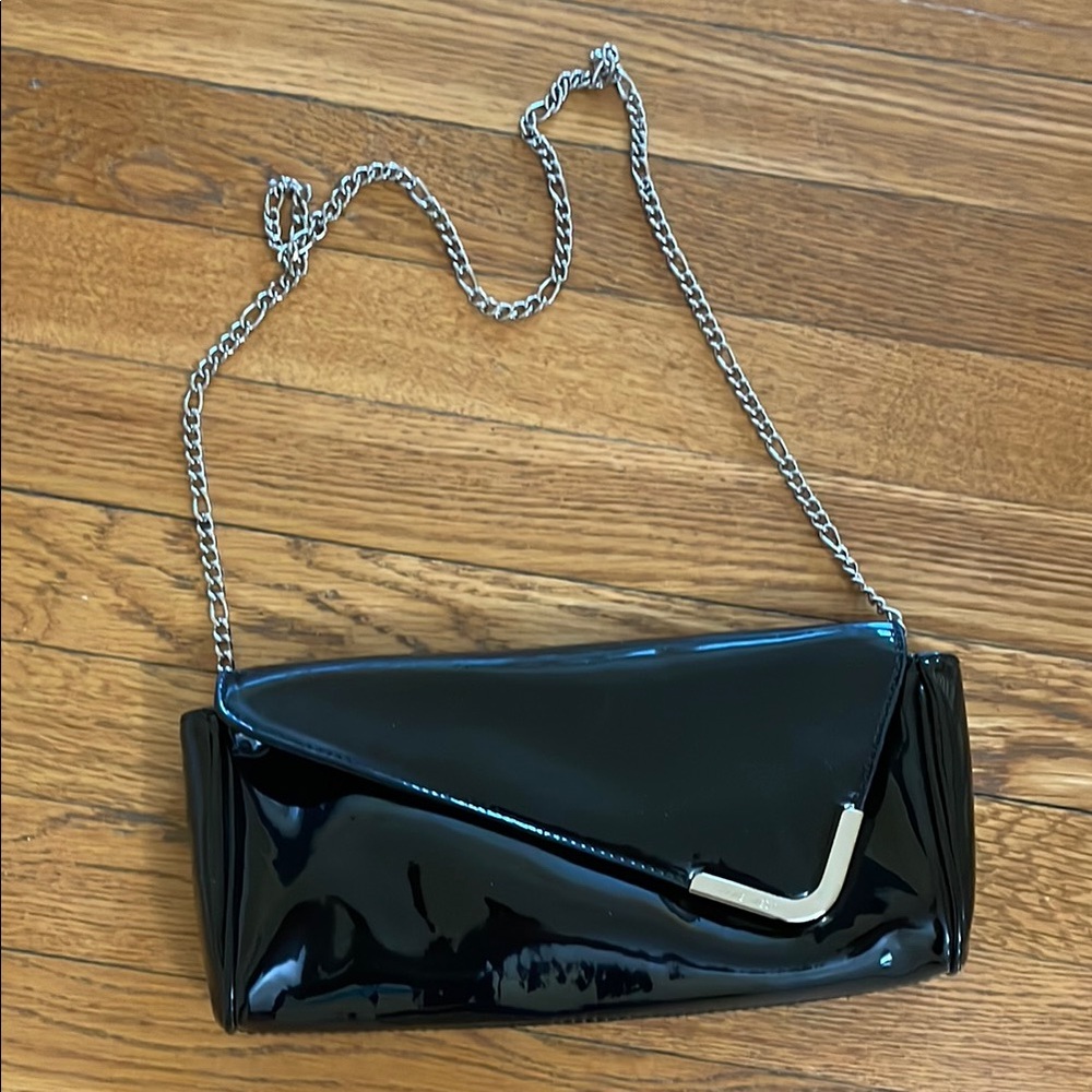 Black Patent Leather Clutch with Chain Strap
